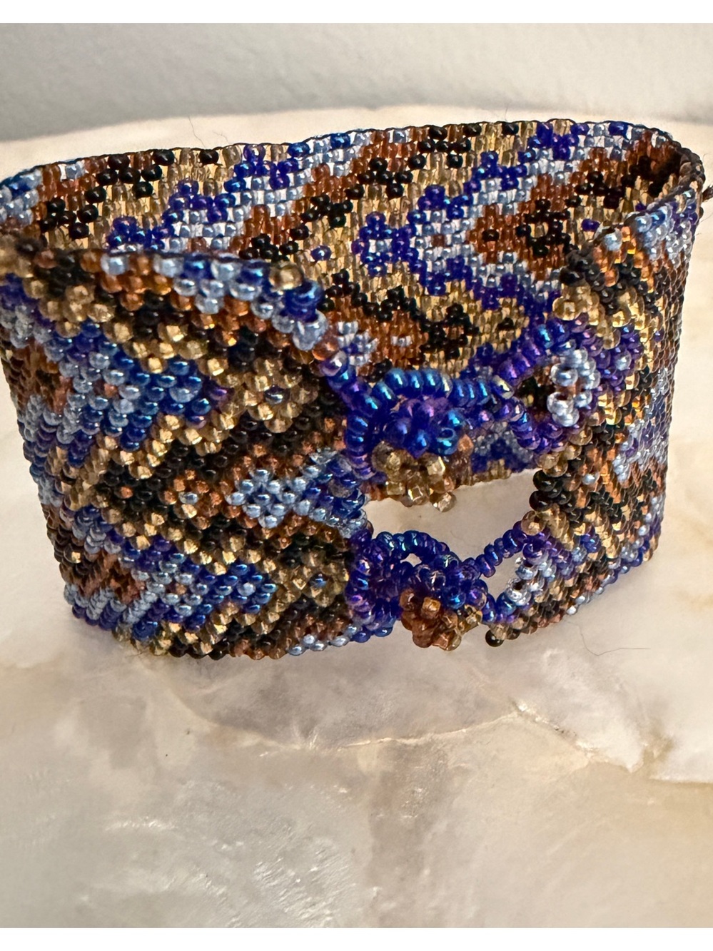 Vintage Tulum Beaded Wide Cuff Blue Bronze Black Glass Beads
